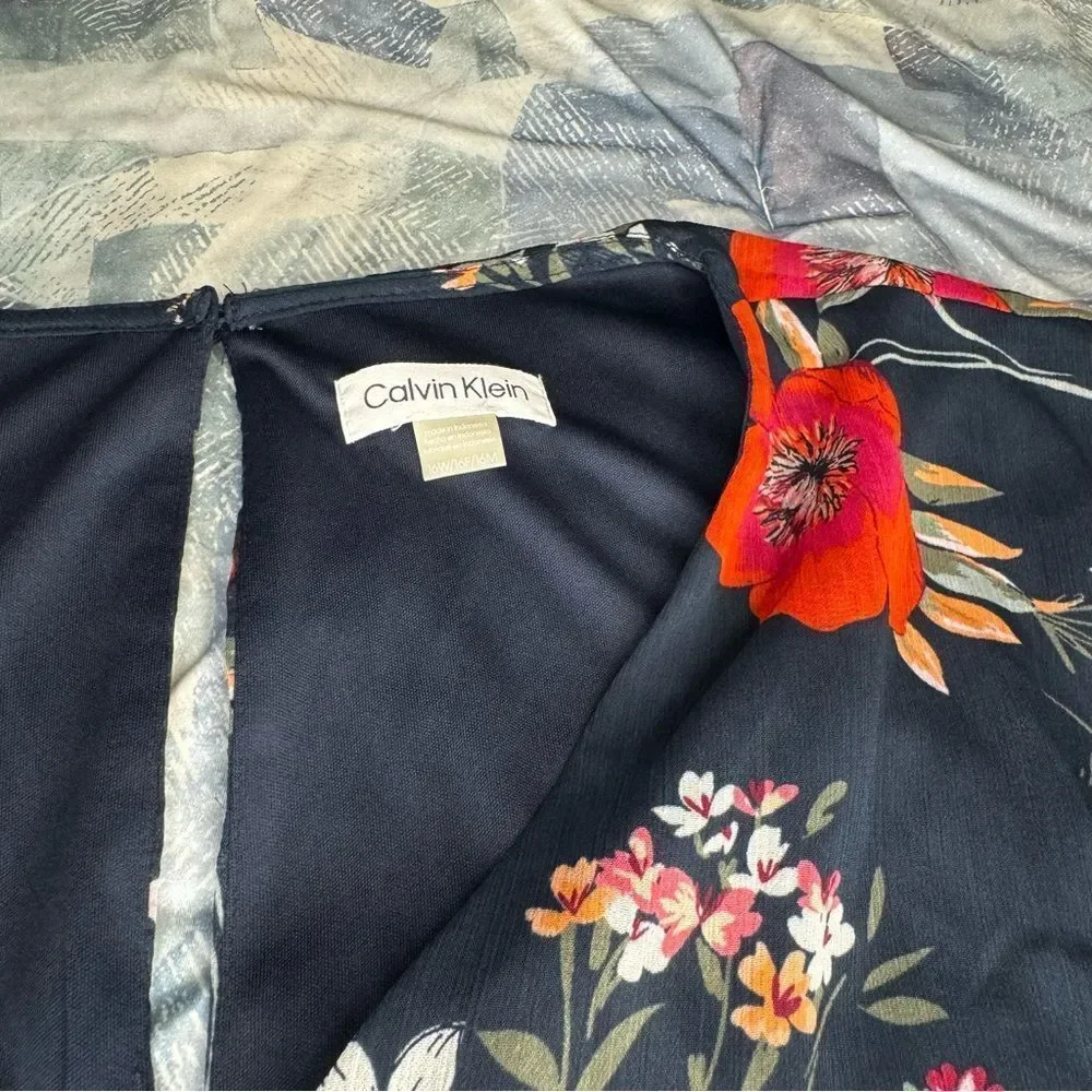 Calvin Klein Plus Size Navy Chiffon 3/4 Sleeve Shift Floral Dress Sz 16W NWOT